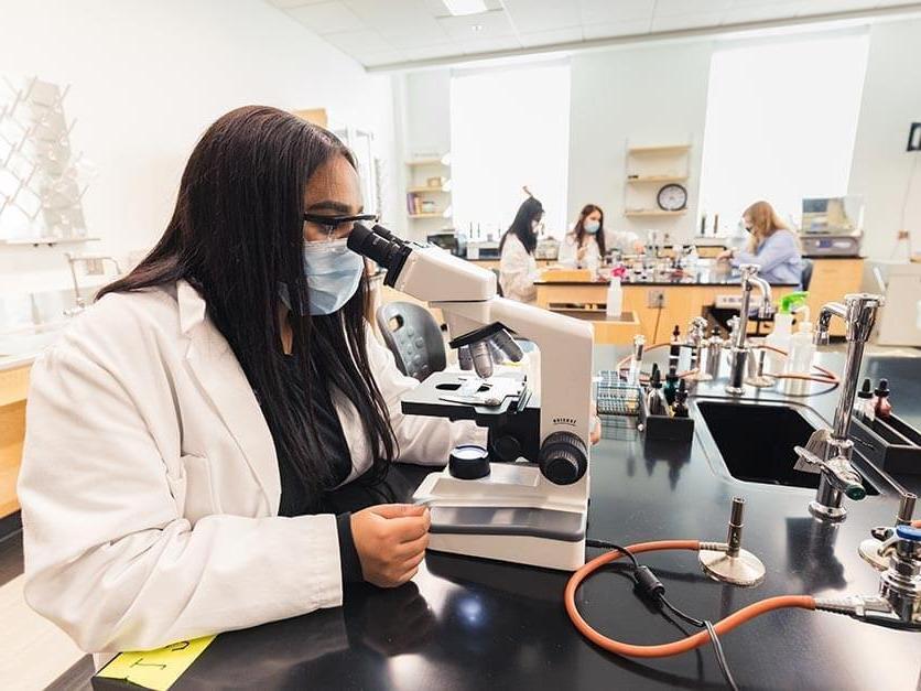 A student looks through a microscope